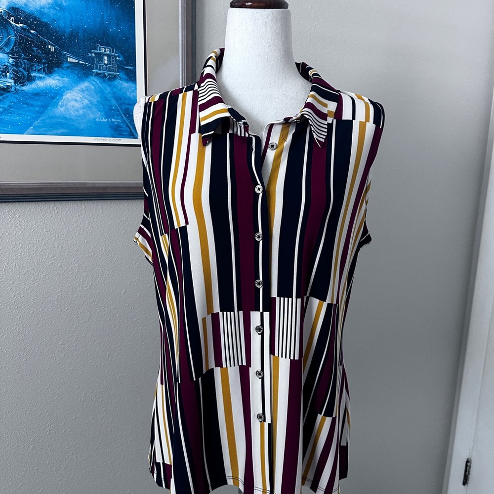 Striped Sleeveless Button-Front Blouse - White, Black, Burgundy, Mustard